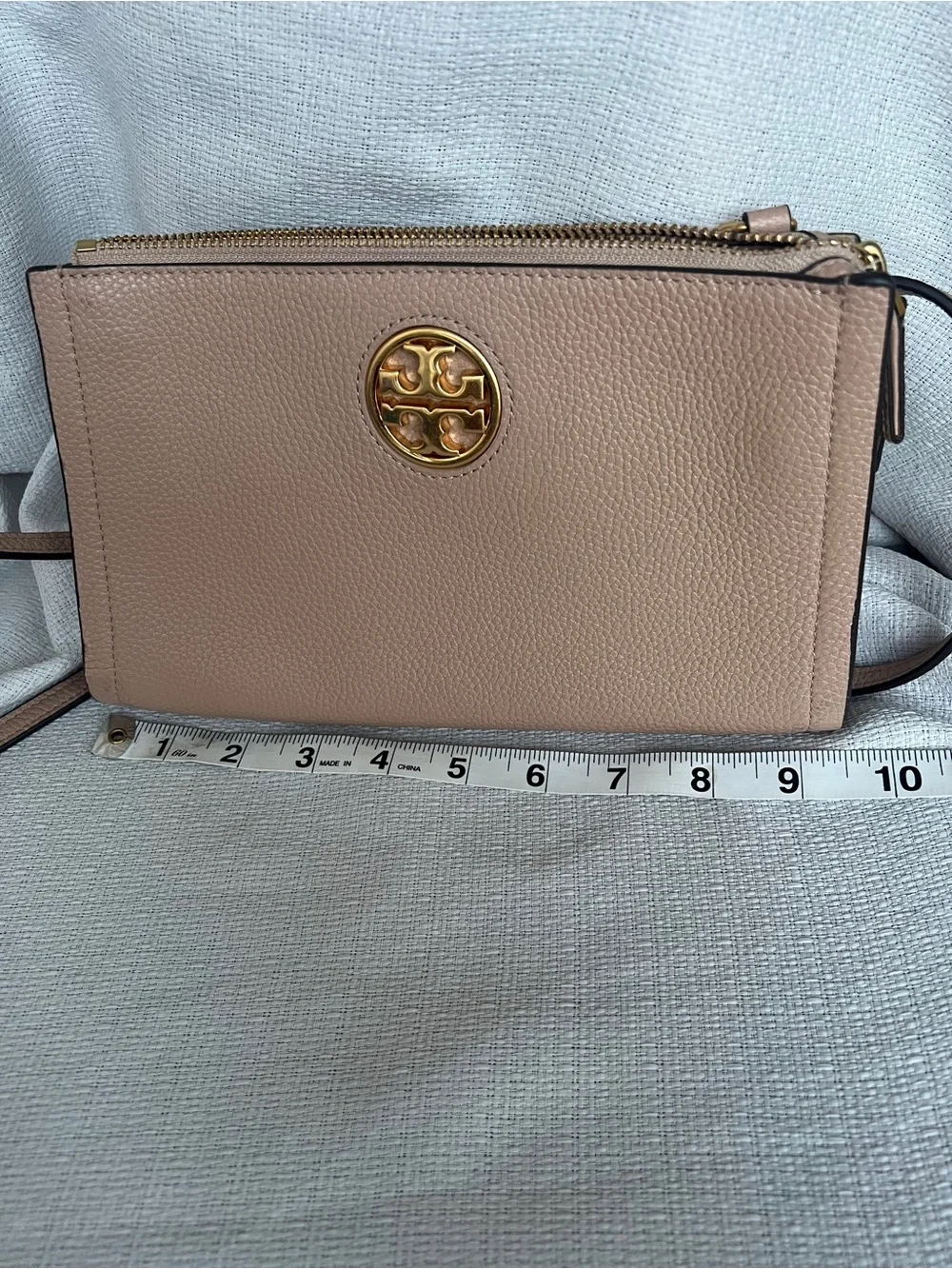 Tory Burch Taupe Pebbled Leather Logo Crossbody with Gold Hardware